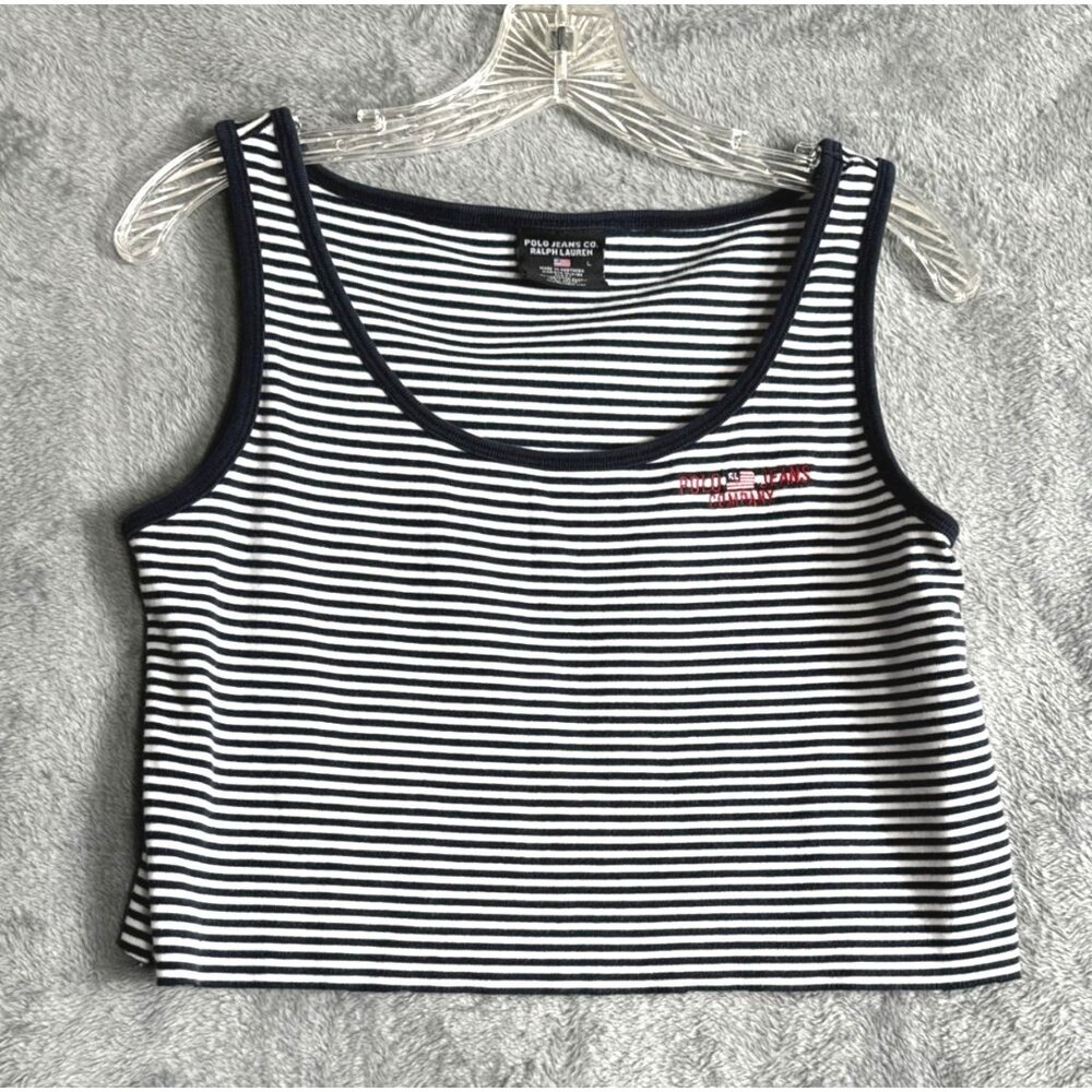 Ralph Lauren Shirt Polo JEANS Company Woman’s Crop Top Blue/White Stripped Large - Picture 2 of 11